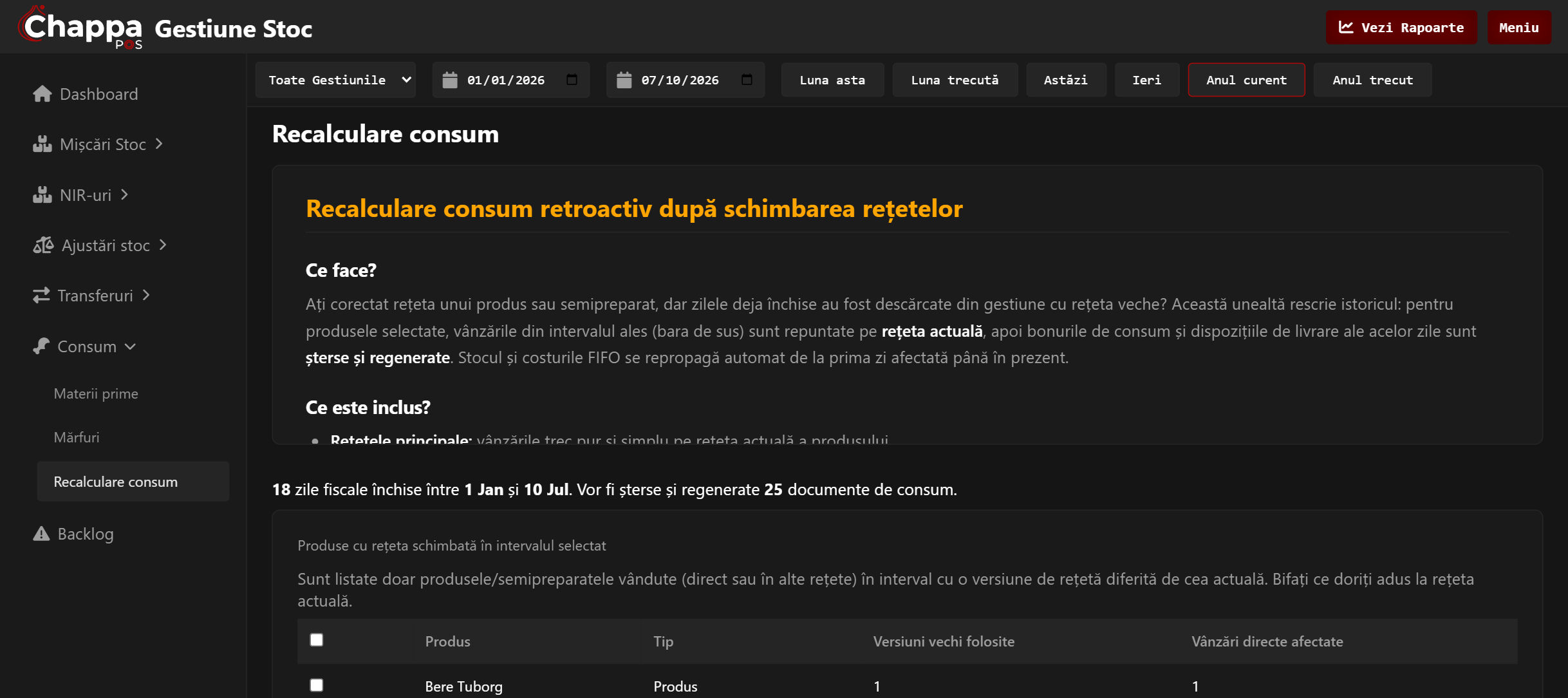 Pagina de recalculare a consumului
